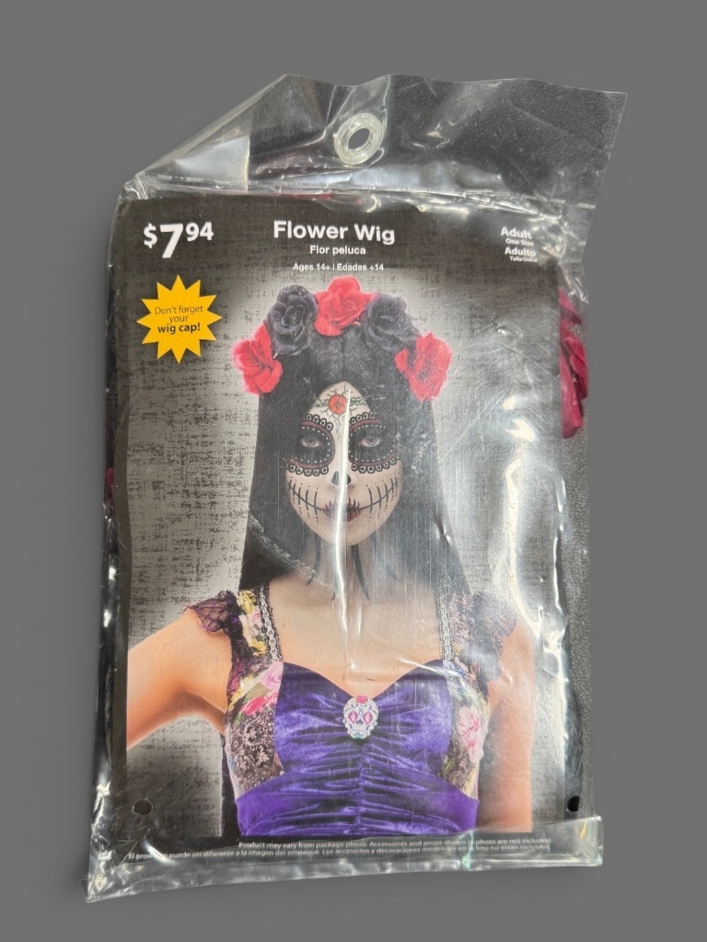 NIP Day of the Dead Black Flower Wig Adult One Size